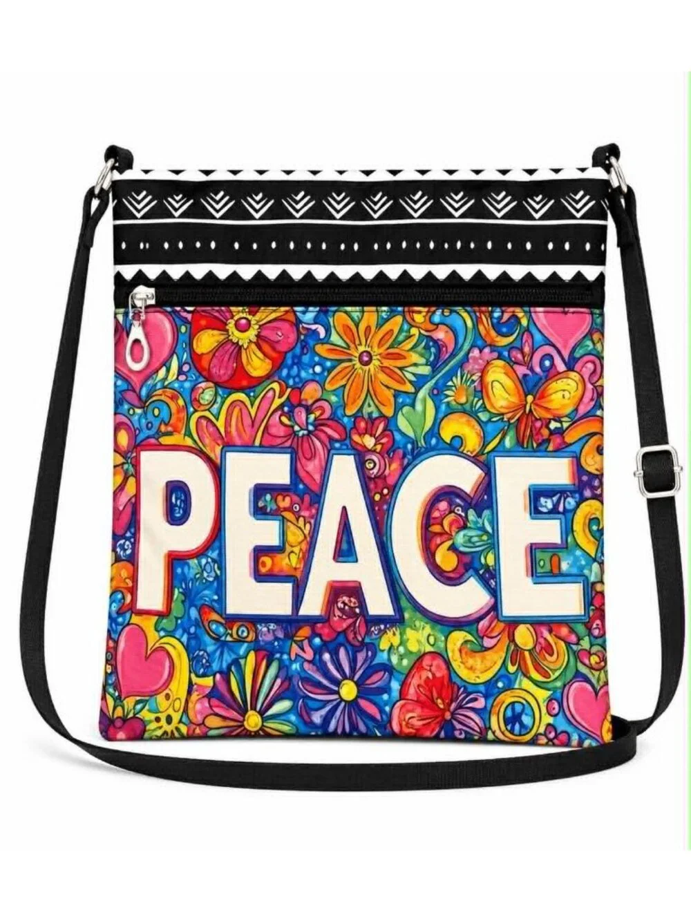 Peace Floral Crossbody Bag with Adjustable Black Strap